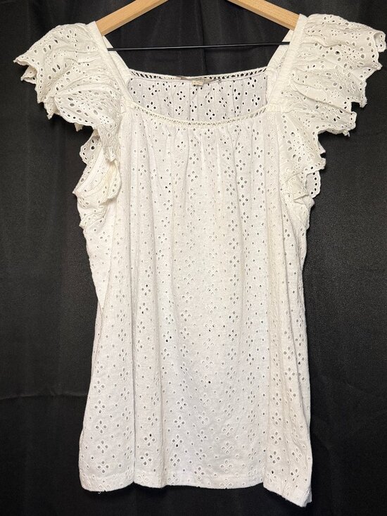 LOFT Tops - Loft Eyelet Embroidered Blouse Womens XL White Flutter Sleeve Square Neck EUC